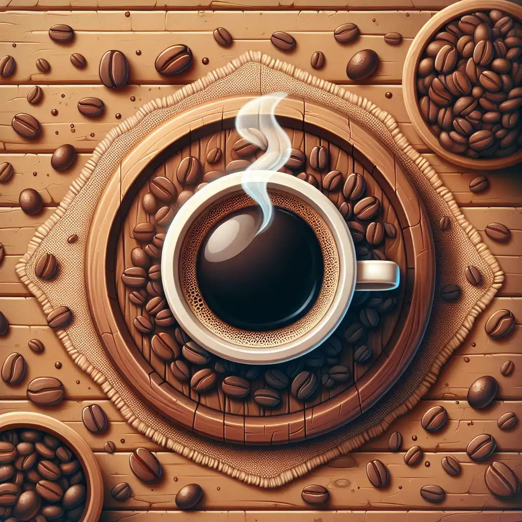 A steaming cup of freshly brewed coffee surrounded by coffee beans on a rustic table.