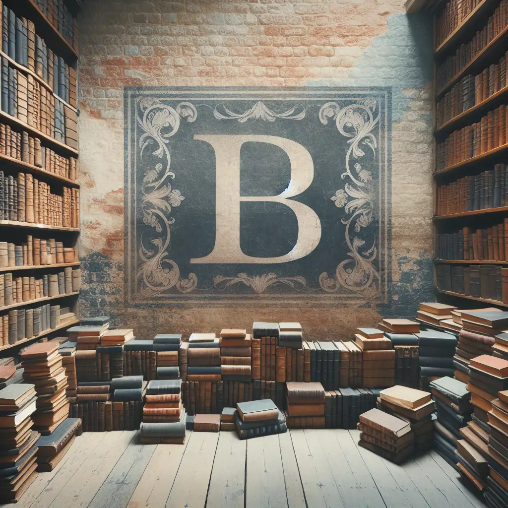 A serene image of Bertram’s initials engraved on an old library wall, surrounded by an expanse of varied, well-loved books.