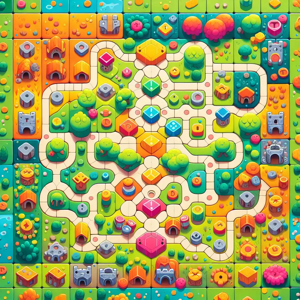 A colorful and lively depiction of a Catan game board, complete with settlements, roads, and resource cards.