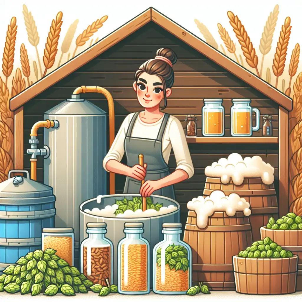 An image depicting Beatrice in her brewing shed, surrounded by ingredients and her signature brews.