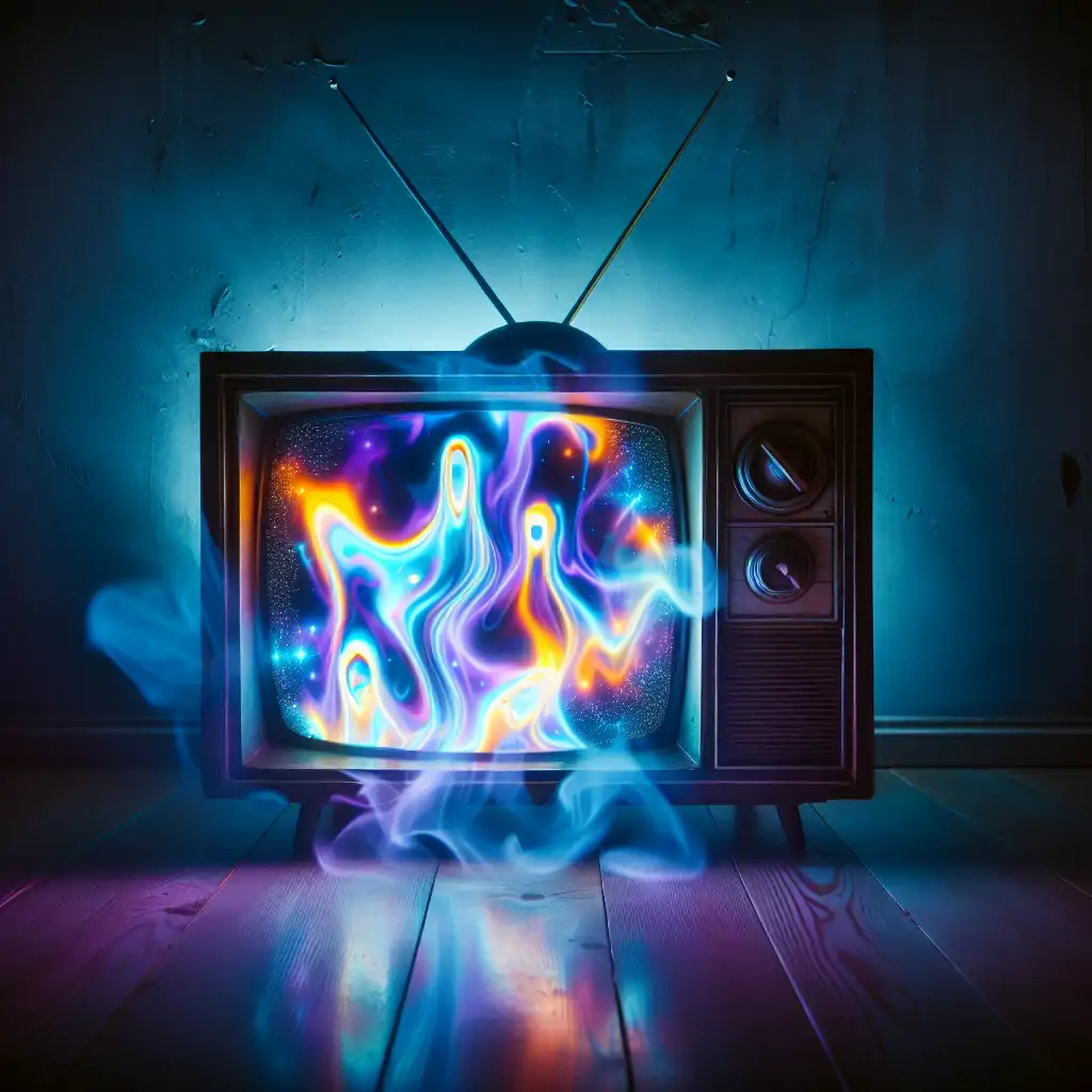 A vintage television flickering with ghostly images in a dimly lit room.