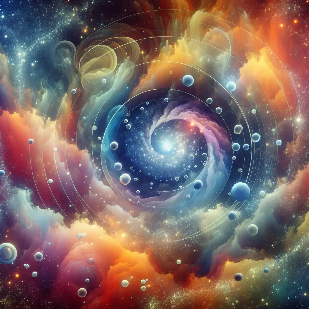 An artistic depiction of the universe's cosmic dance, with bubbles illustrating the mystical aspect of quantum foam and its role in shaping reality.