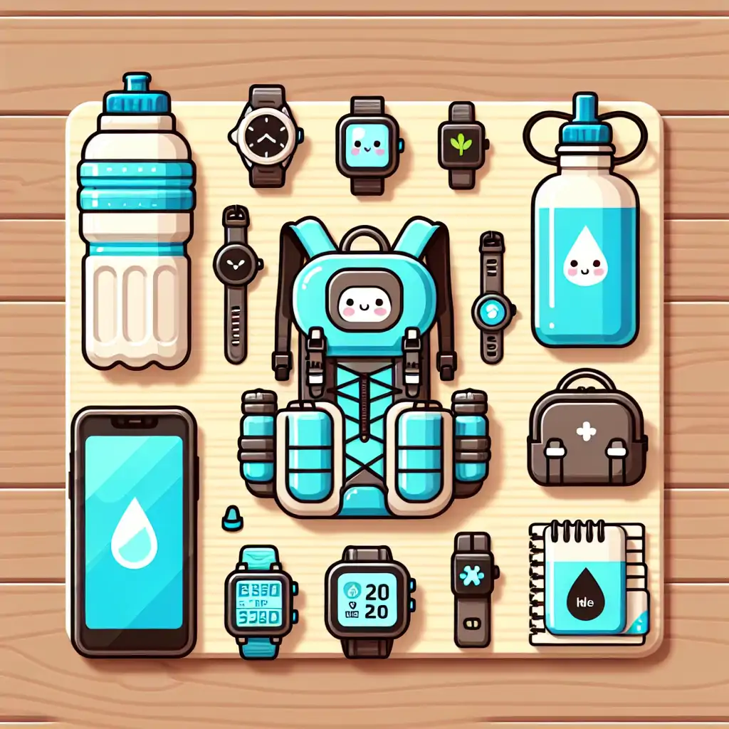 An array of modern hydration packs and high-tech water bottles laid out on a wooden table.