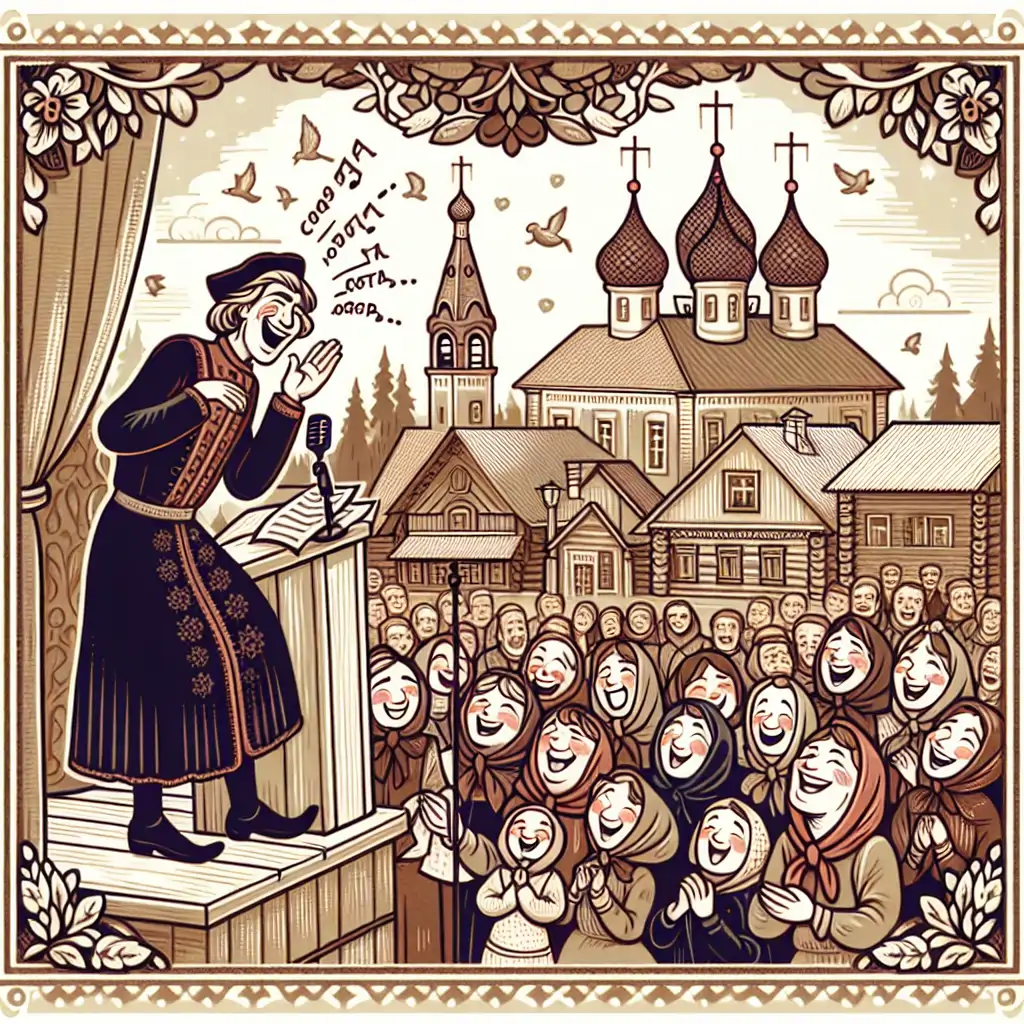 A vintage Russian illustration of a village gathering, with townspeople chuckling at a speech by Rasputin.