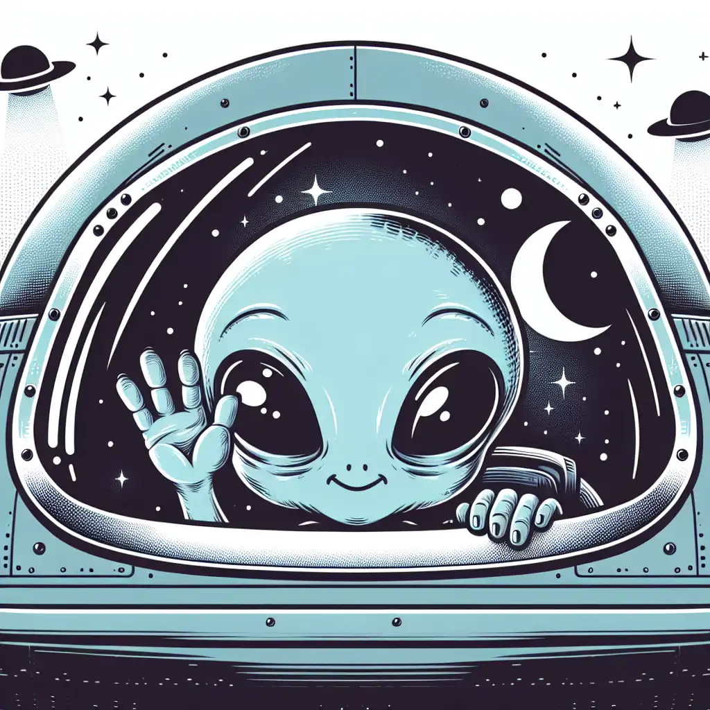 A whimsical depiction of a farewell wave from aliens through a UFO window.