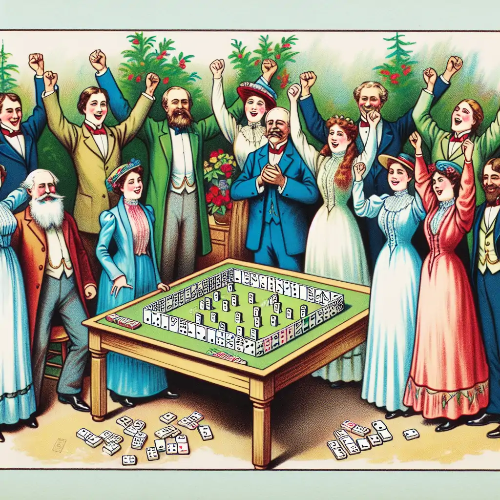 A triumphant scene of Dominion players celebrating their victory as they stand over a completed game, a testament to strategic prowess and teamwork.