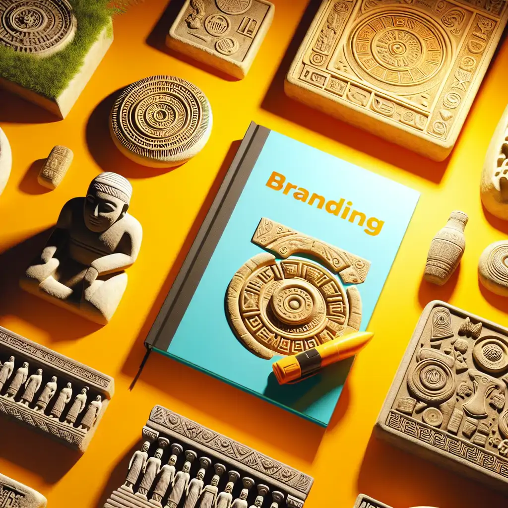 Old artifacts with ancient logos and modern branding books surrounding them.