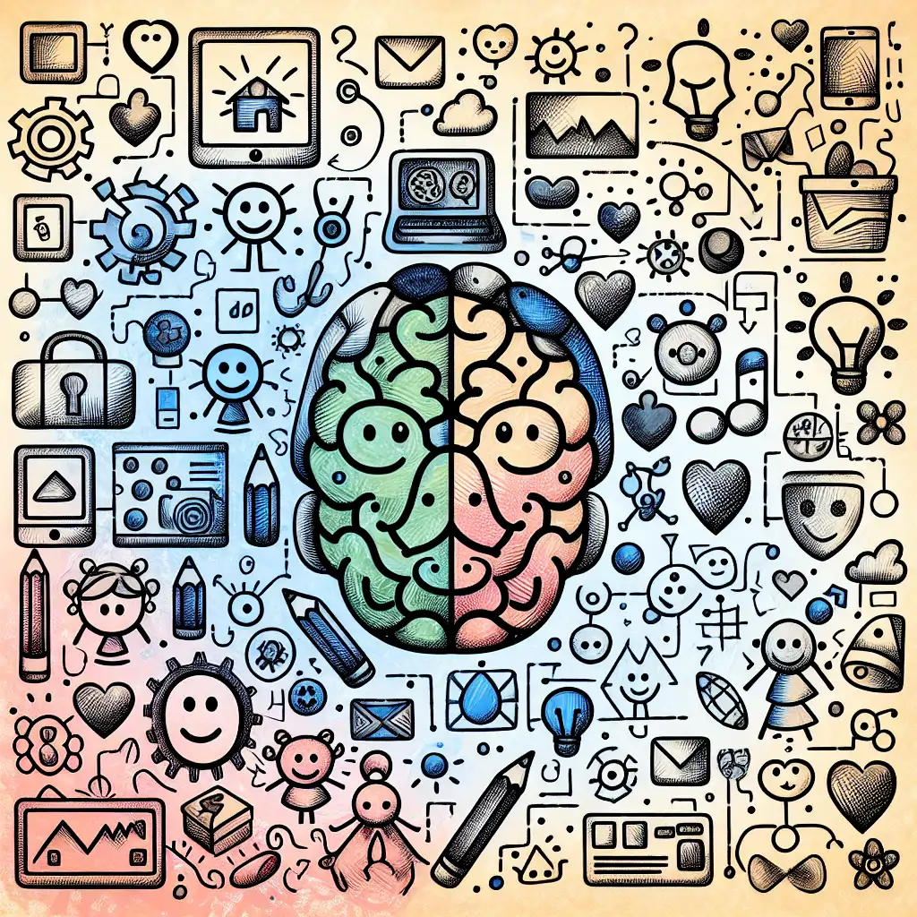 A collage of childhood drawings interspersed with digital icons, bridging past psychological concepts with present-day technology.