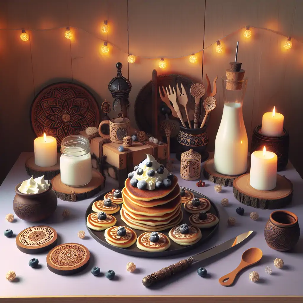 A table adorned with fluffy vegan cloudberry cream pancakes, surrounded by Norse memorabilia, under soft, ambient lighting.