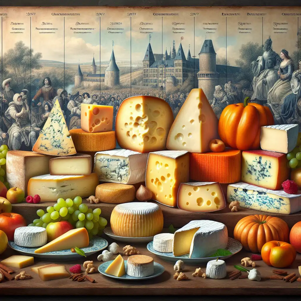 A picturesque cheese platter featuring varieties from different historical eras set against a timeline backdrop.