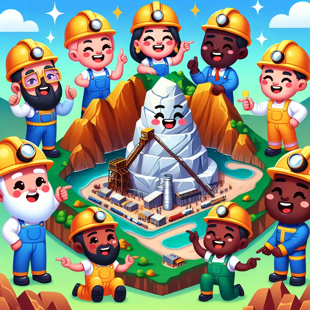 A vibrant photo of Zimbabwe's lithium mine, workers laughing while pointing to a chimney rock formation.