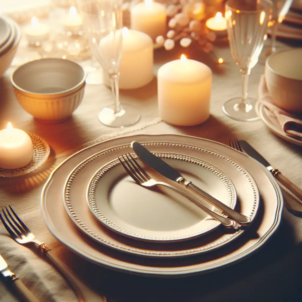A perfectly styled table with empty plates and utensils, evoking an atmosphere of a satisfying meal enjoyed, under soft candlelight.