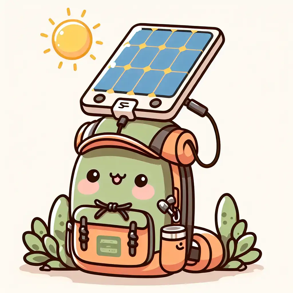 A hiking backpack with solar charger attached, capturing sunlight