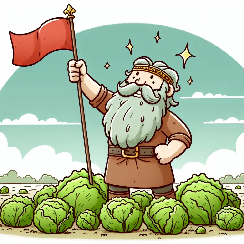A whimsical cartoon of Rasputin's imagined victory over the cabbages, waving a victory flag in a field.