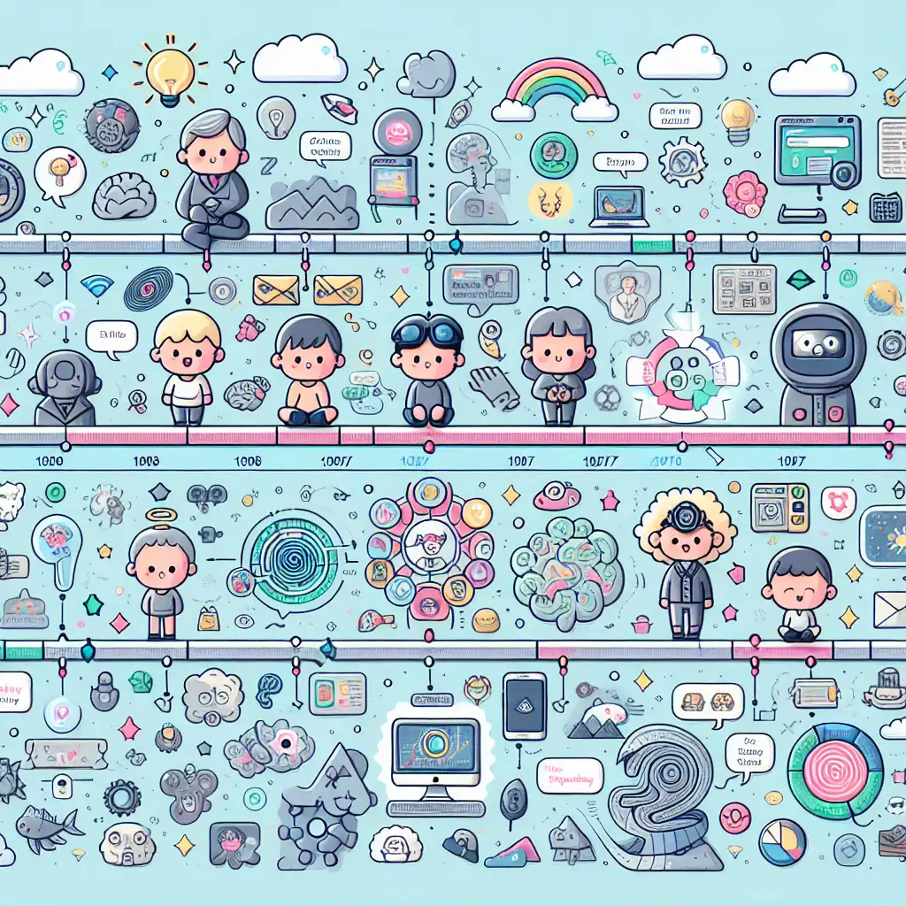 A timeline graphic illustrating key historical figures in child psychology alongside modern technological breakthroughs and digital trends.