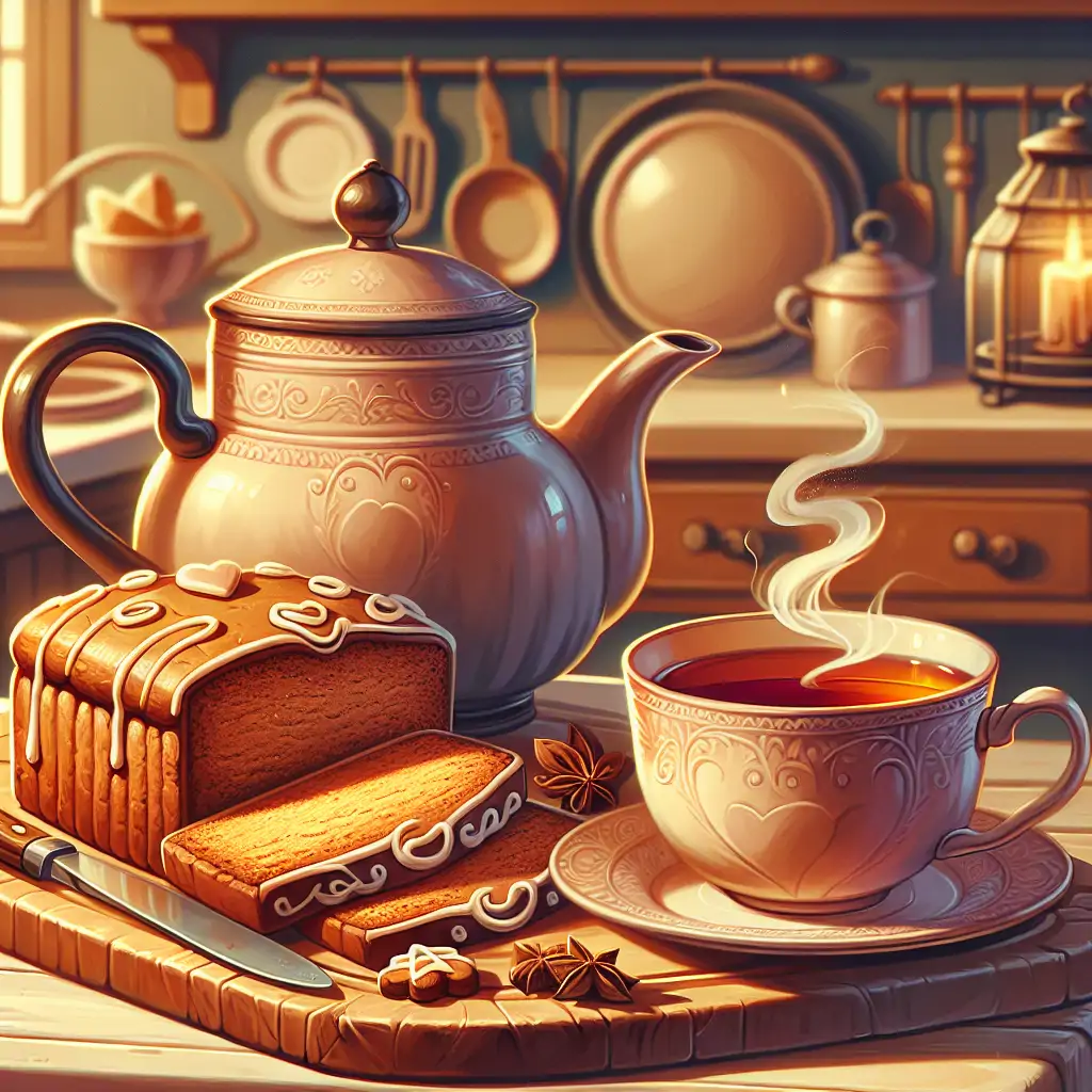 A cozy kitchen setting with a fresh slice of gingerbread paired with a steaming cup of tea.