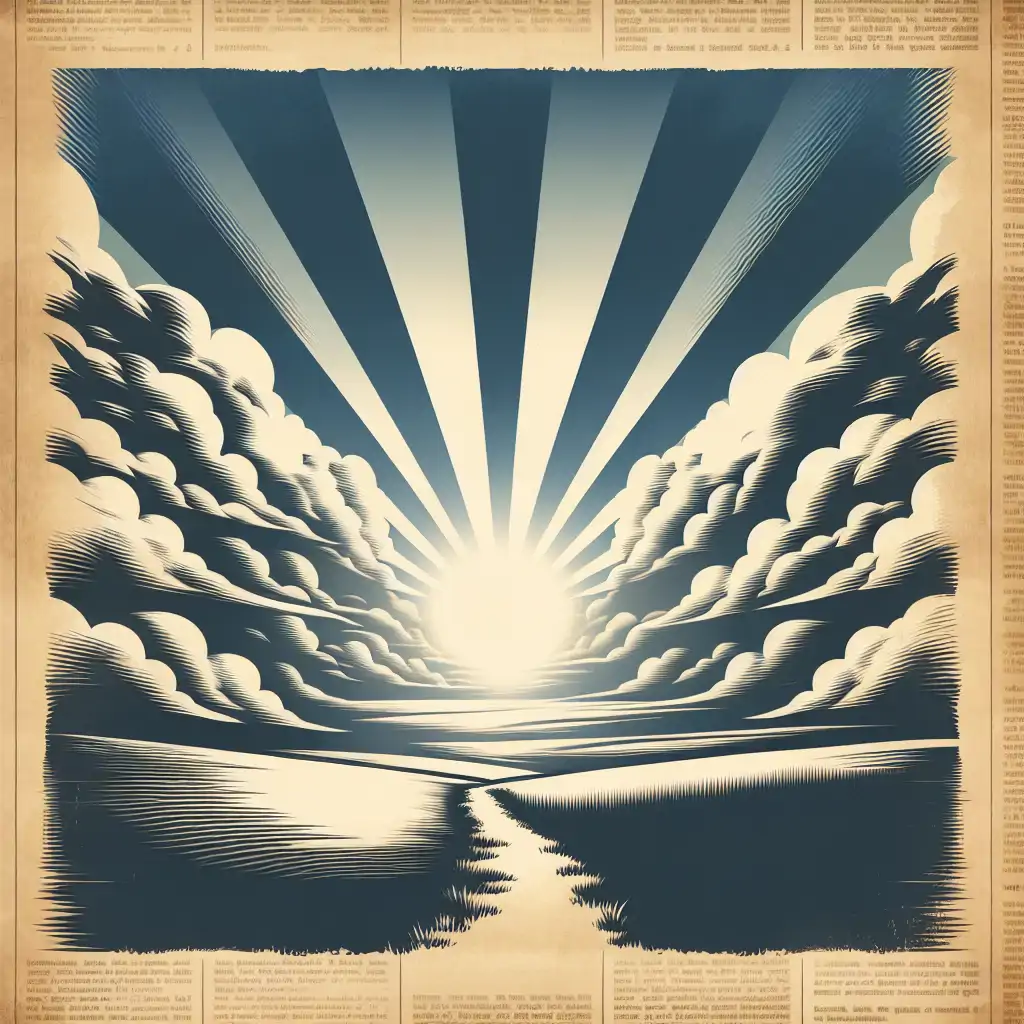 A serene landscape with sunlight breaking through the clouds, symbolizing newfound freedom and adventure.