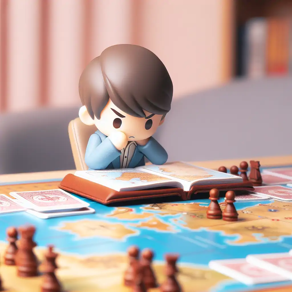 Figurative leader planning with maps and 7 Wonders cards, showcasing strategic balance