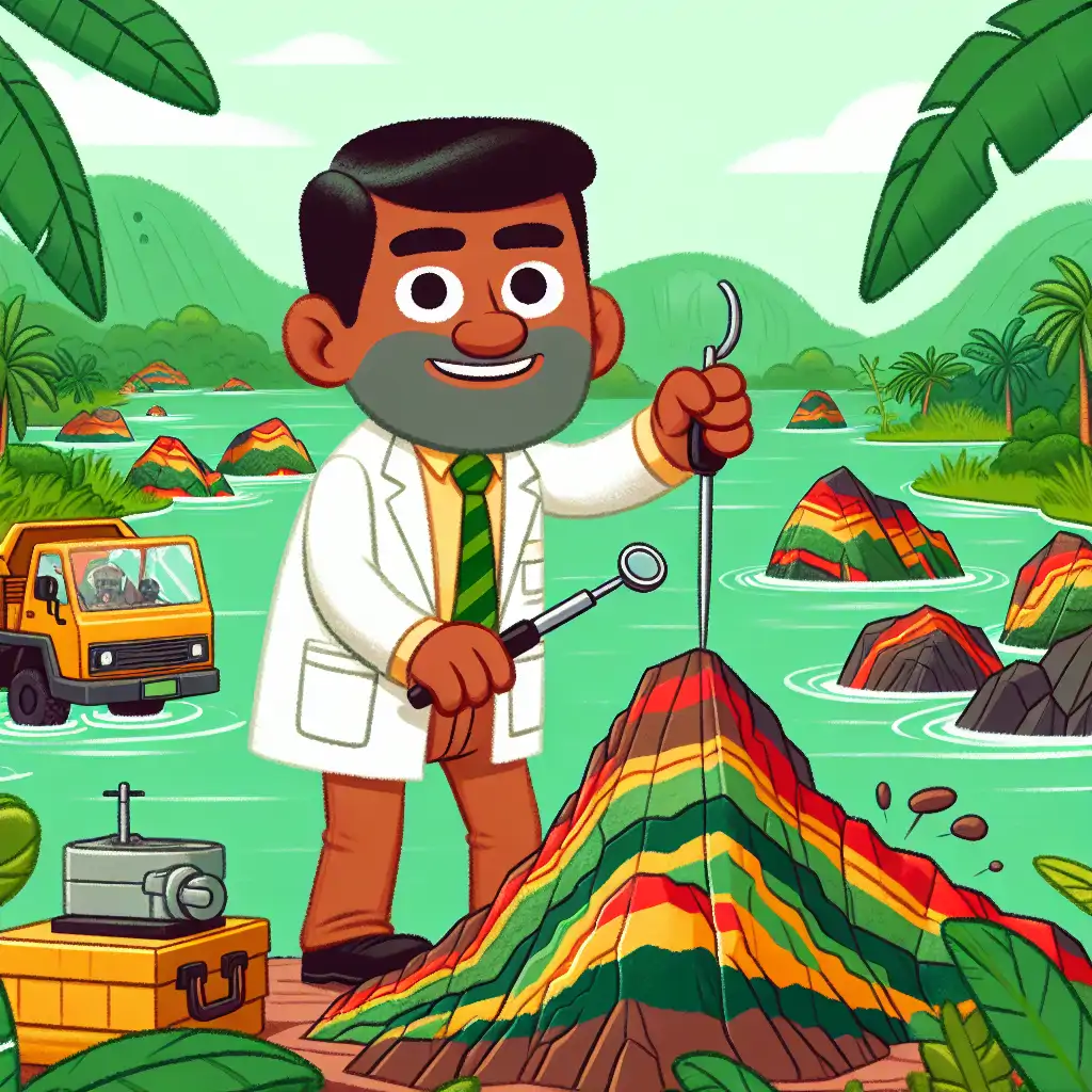 A vibrant image of a geologist humorously interacting with Gabon's greenstone belts amidst lush greenery.