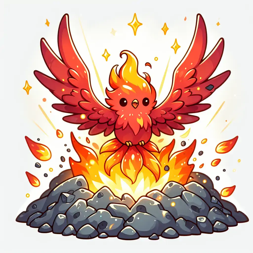 A vibrant illustration of a Phoenix bursting into flames and rising from the ashes.