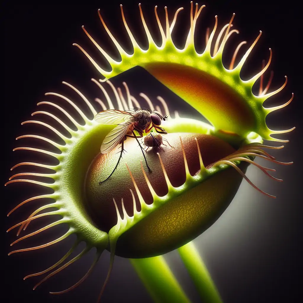 A close-up of a Venus Flytrap catching an insect, showcasing its unique trap structure.