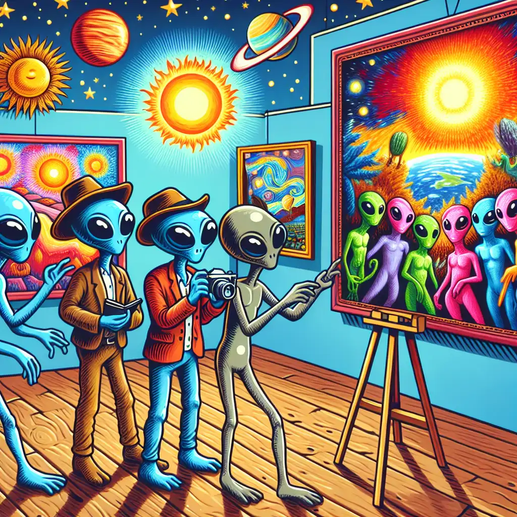A colorful interpretation of aliens critiquing famous Earth artworks in a whimsical gallery setting.