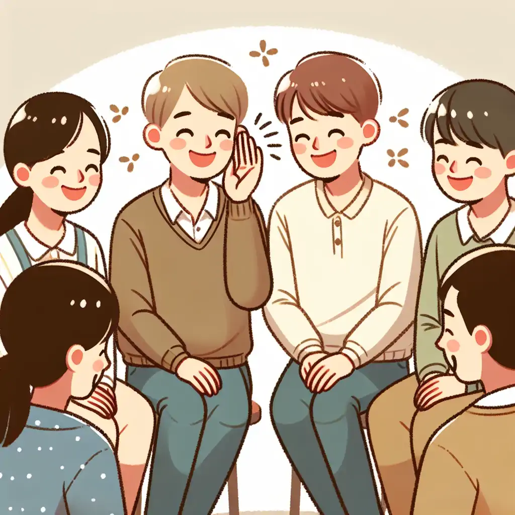 Image of people sitting in a circle, smiling, with one person whispering behind another's back.