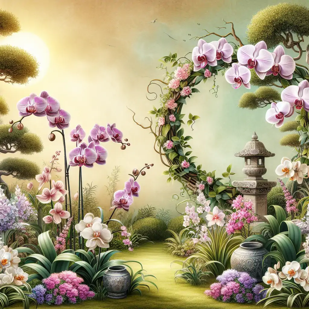 A serene garden setting with various exotic orchids intertwined with classic garden flowers, signifying the blend of traditional and unusual gardening aesthetics.