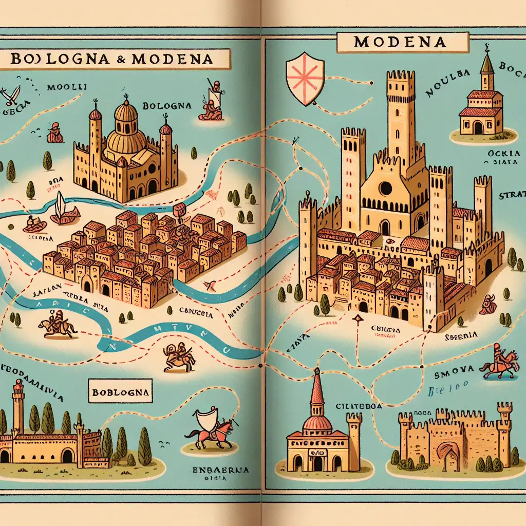 Map illustrating Bologna and Modena with strategic medieval routes and battle locations.