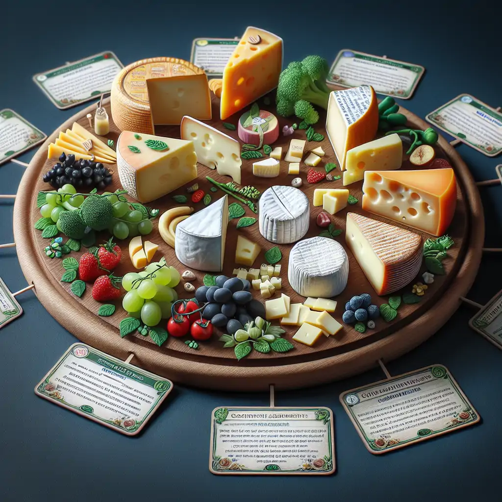 A cheerful cheese board set up with various types of cheeses, each accompanied by a small card explaining its name origin and a fun fact.