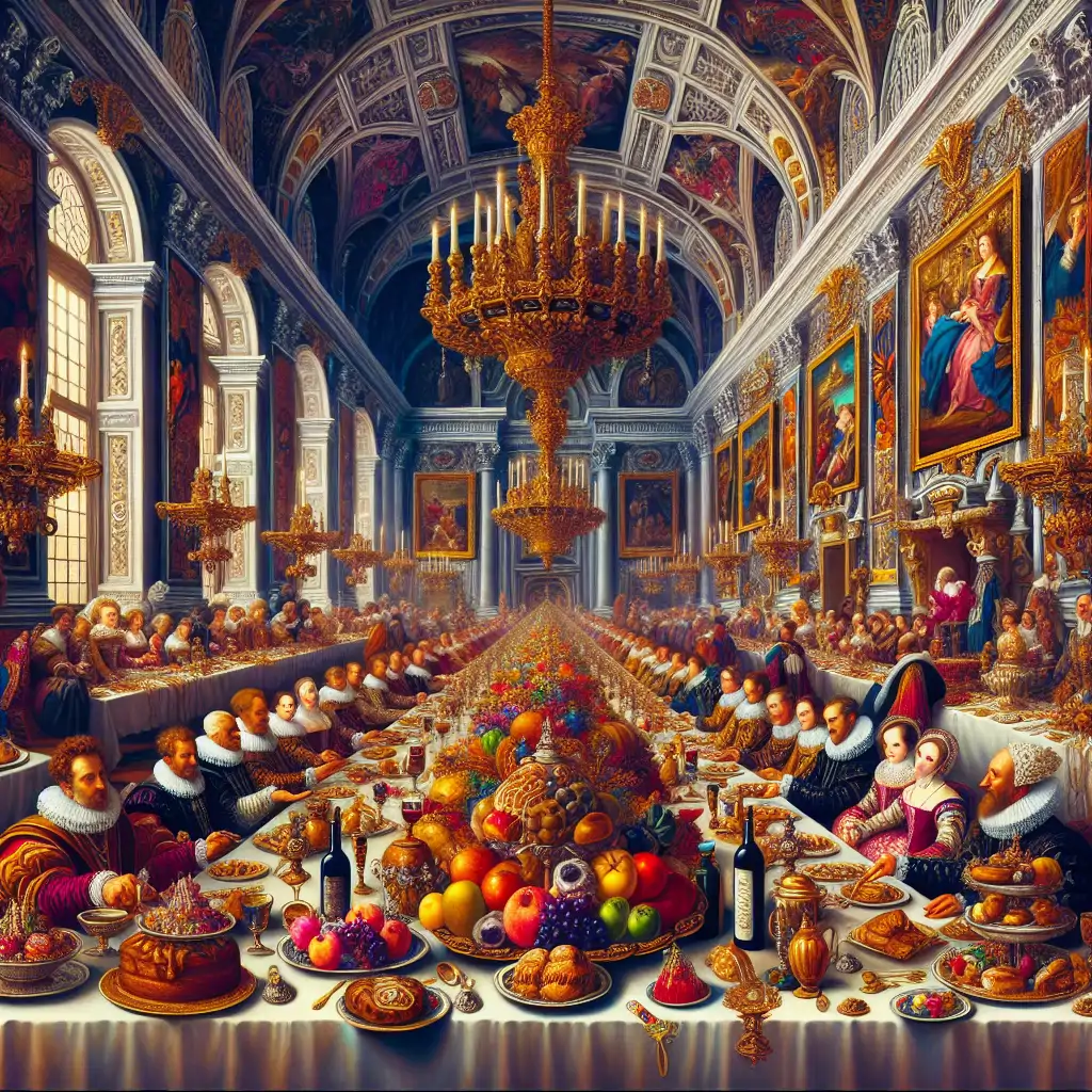 An artistic depiction of a Renaissance banquet in an opulent Vatican setting.