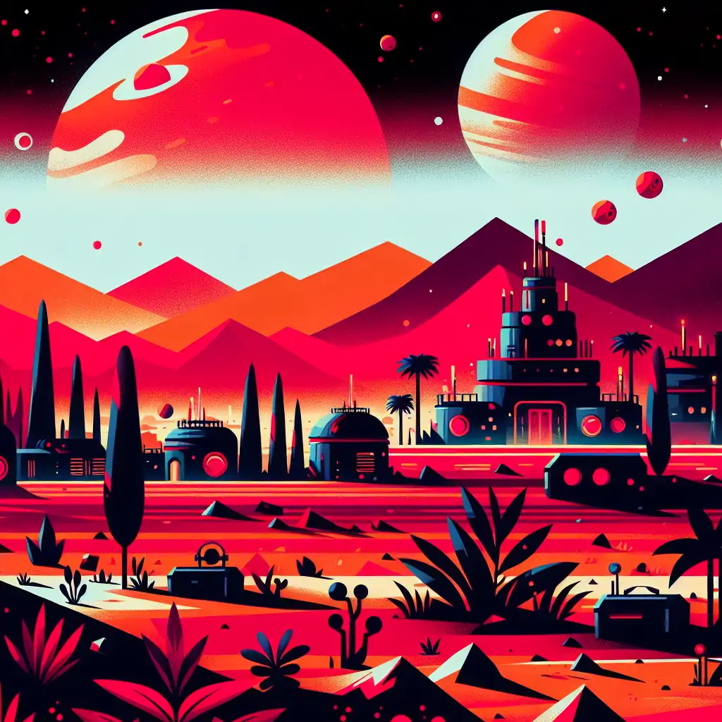 A triumphant scene of a flourishing Martian colony with Mars' red horizon in the distance.