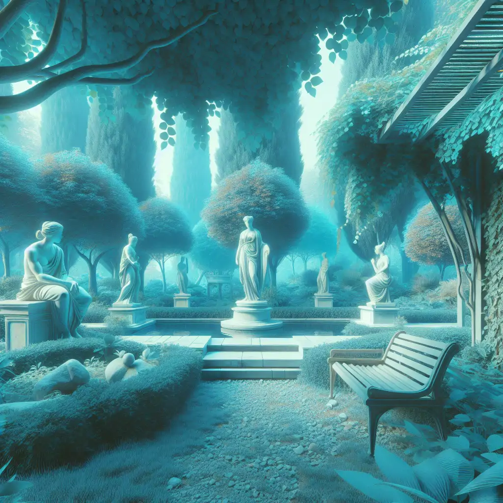 A quaint garden scene with ancient Greek statues, lush greenery, and a peaceful seating area that invites relaxation.