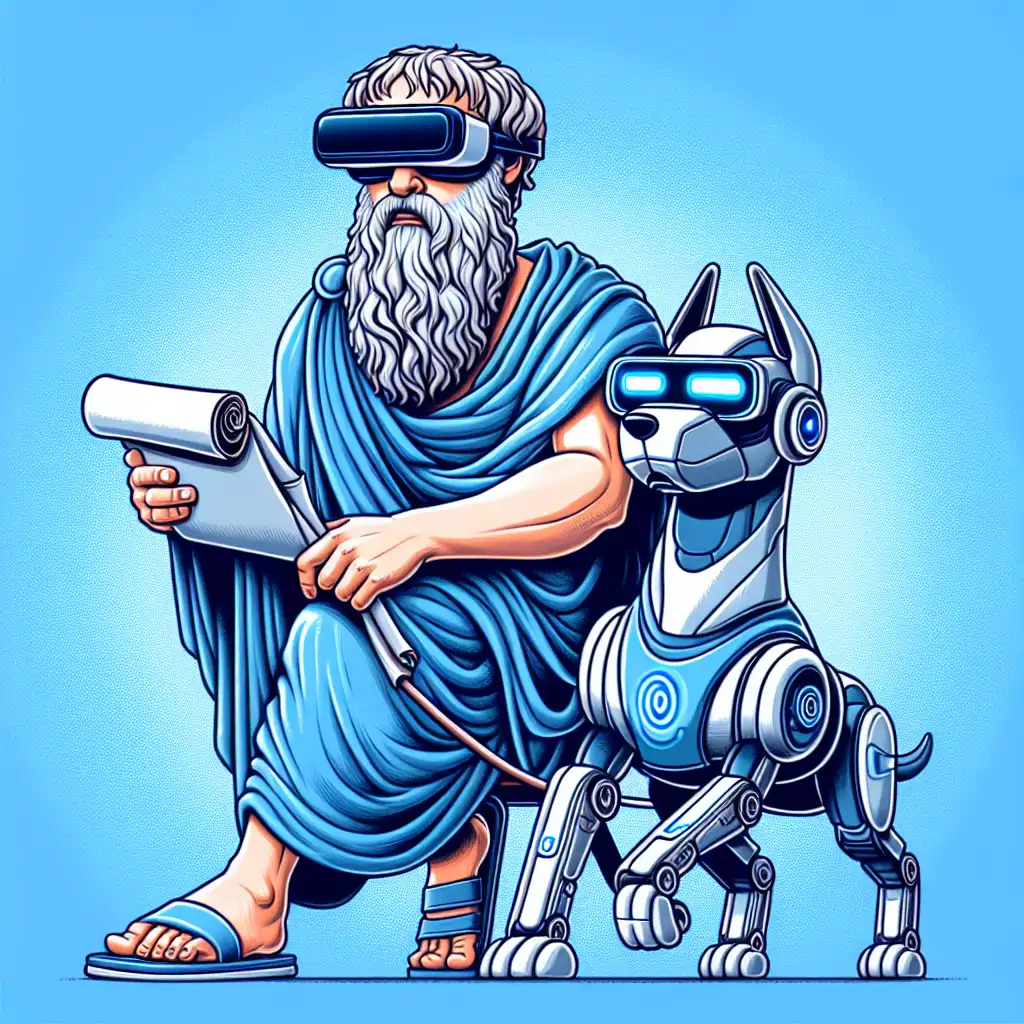 An amusing illustration of Aristotle wearing a VR headset while riding a robotic dog. Confused but intrigued, he holds a scroll detailing virtue ethics.