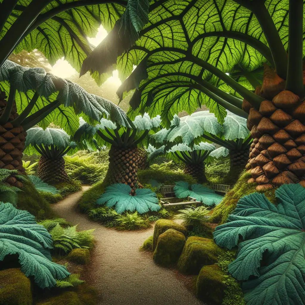 A captivating image of enormous Gunnera leaves providing shade and creating a prehistoric garden setting.