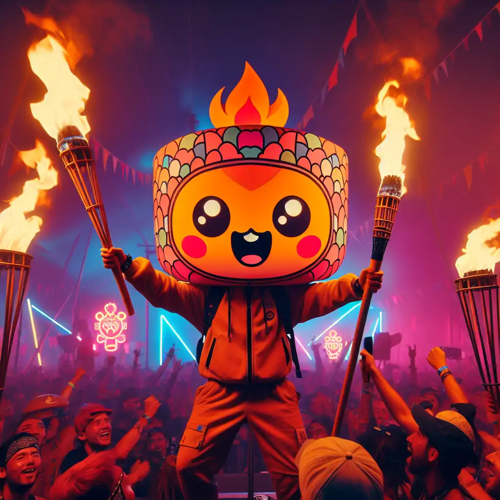 A vibrant image of Jasper performing at a crowded festival, with flaming torches and a broad grin.