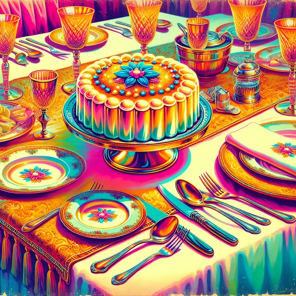 A colorful 1970s dinner party table featuring a classic mousse dessert centerpiece.