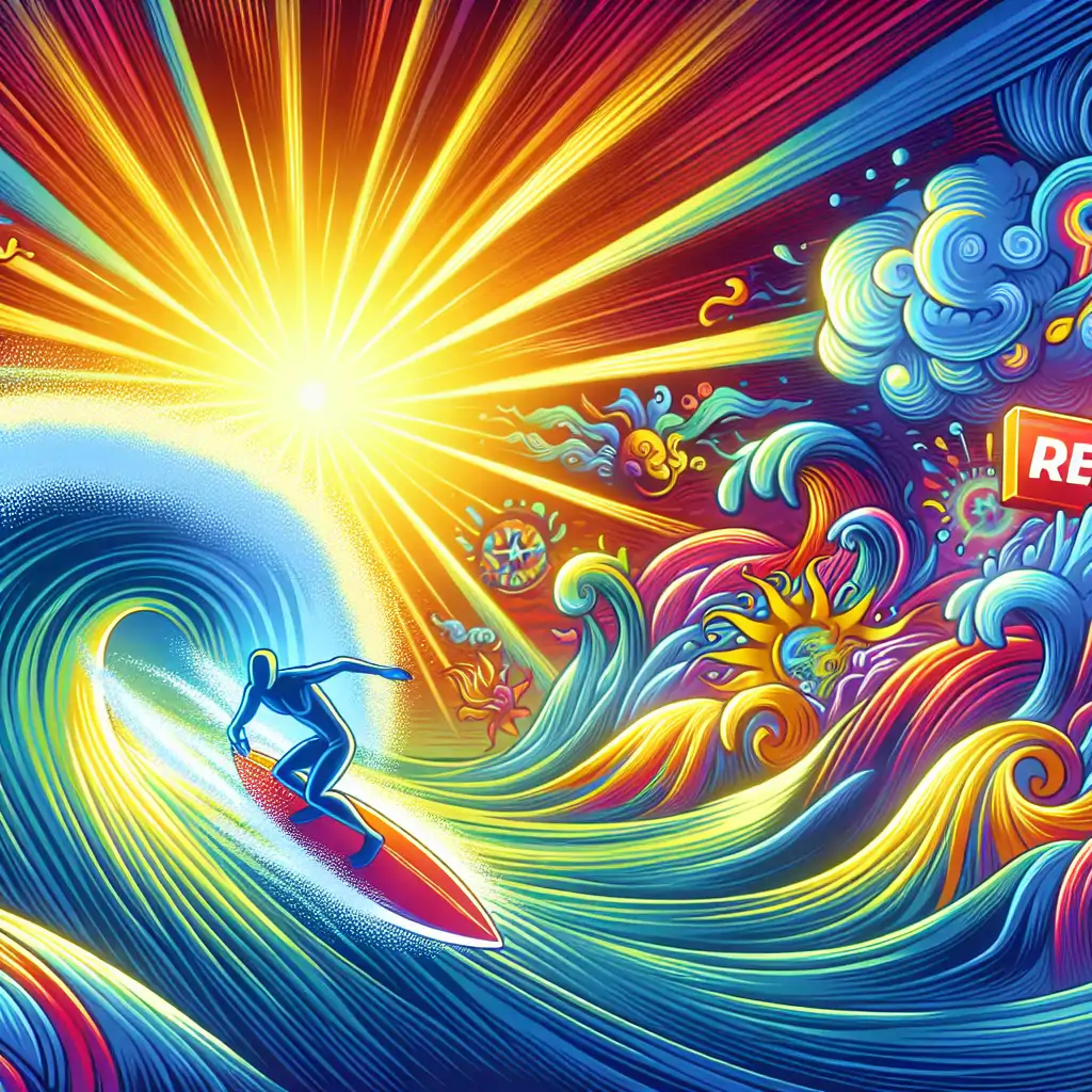 A whimsical illustration of a brand surfing on meme waves in the digital ocean