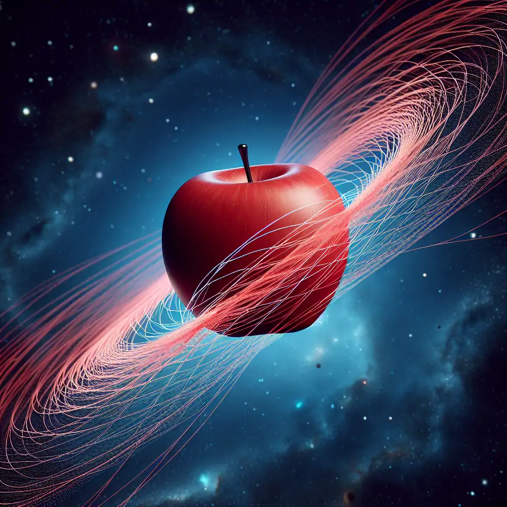 An apple floating in space with quantum threads around it, embodying the concept of quantum gravity.