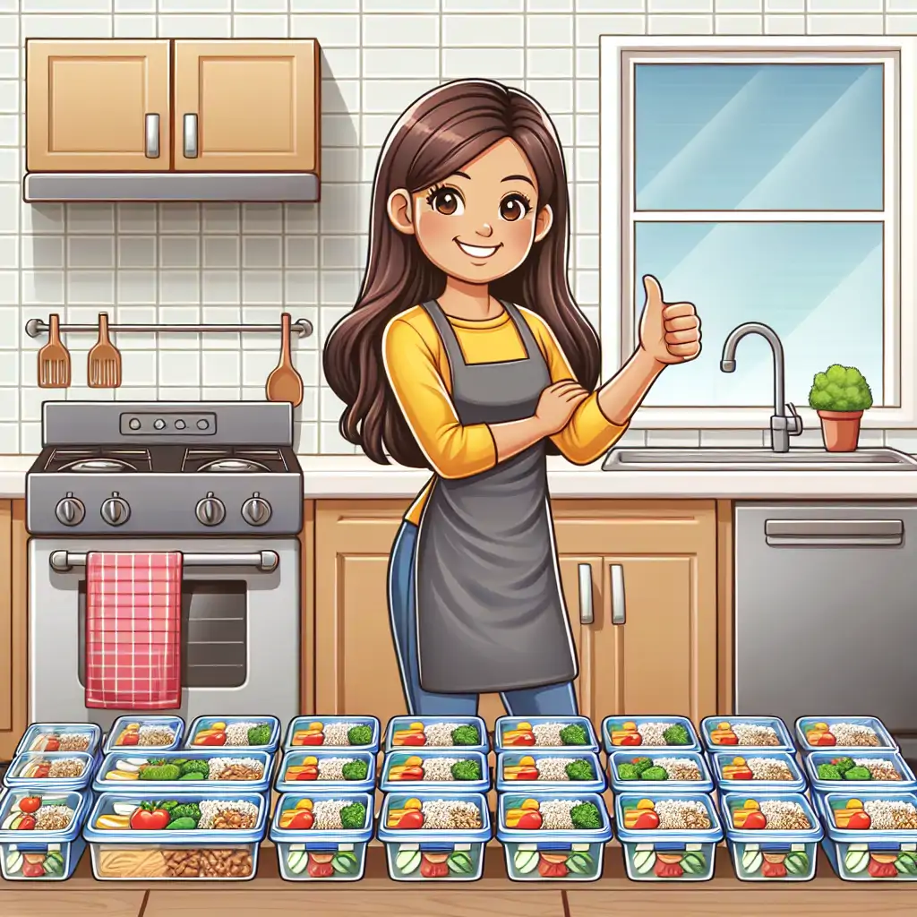 An inspiring image of a person cheerfully standing in a well-organized kitchen with meal prep containers.