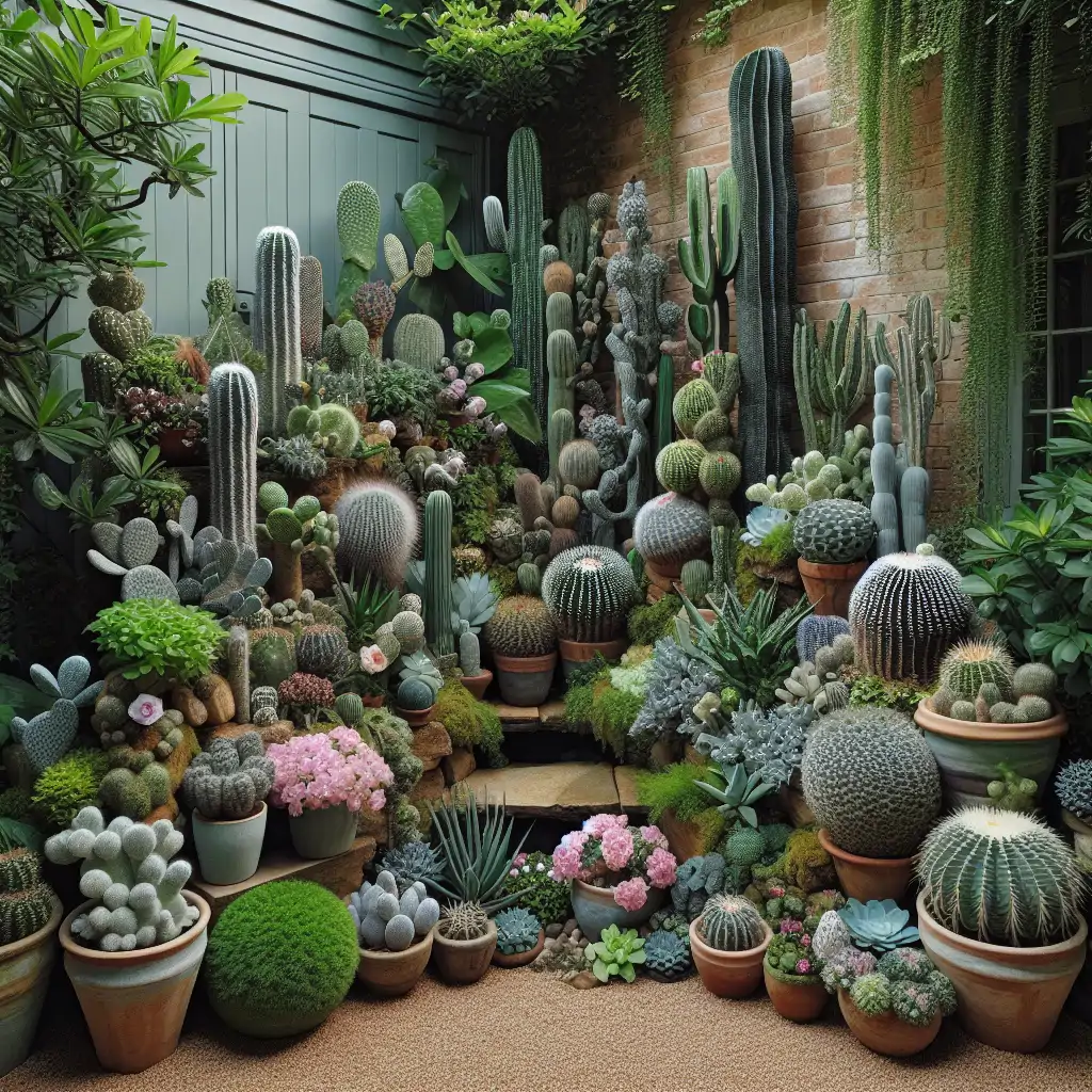 A serene garden corner featuring an eclectic mix of unusual cacti and succulents, capturing the harmony between nature and art.