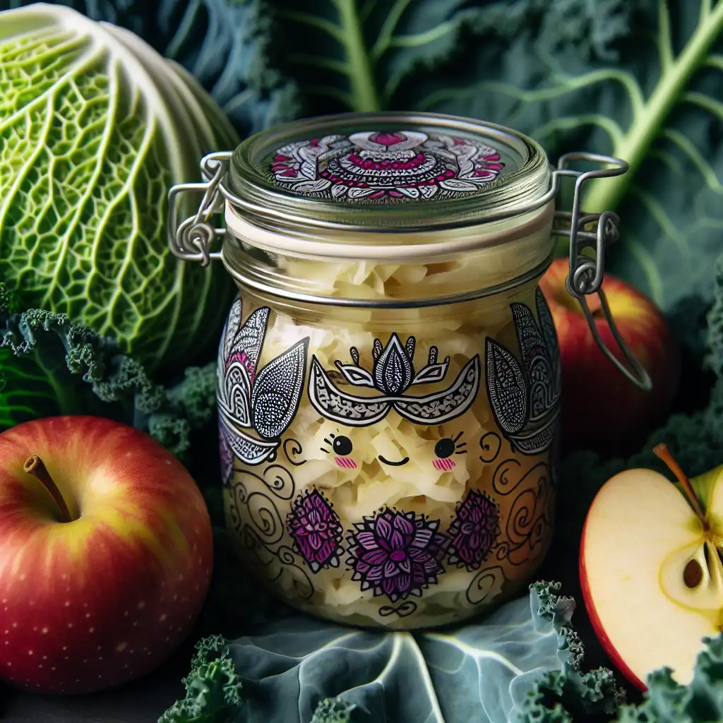 A jar of freshly made vegan kraut, with charming Nordic motifs and surrounded by cavolo nero and apples