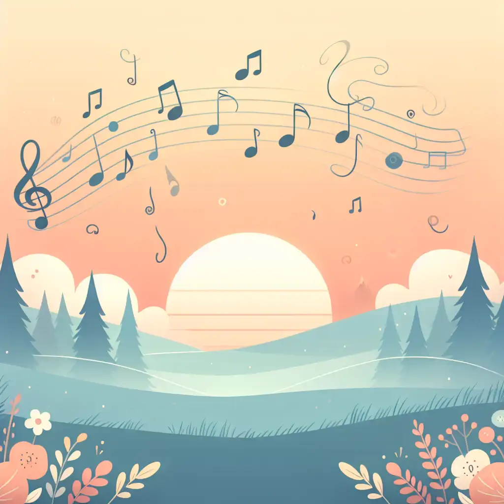 A serene photo capturing a sunset with musical notes drifting in the air.