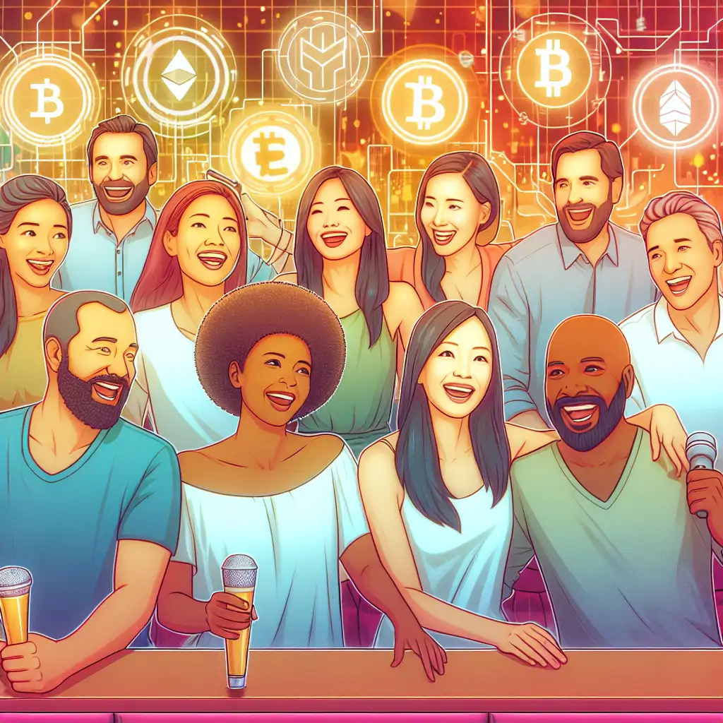 An enthusiastic crowd at a karaoke bar with digital graphics representing various cryptocurrencies in the background.