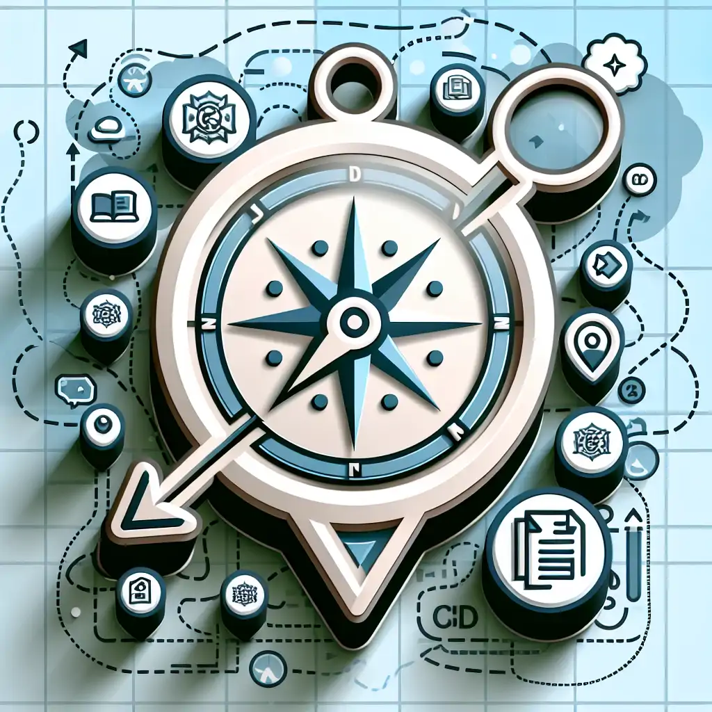 An abstract representation of a compass pointing towards intriguing blogs on a digital map.
