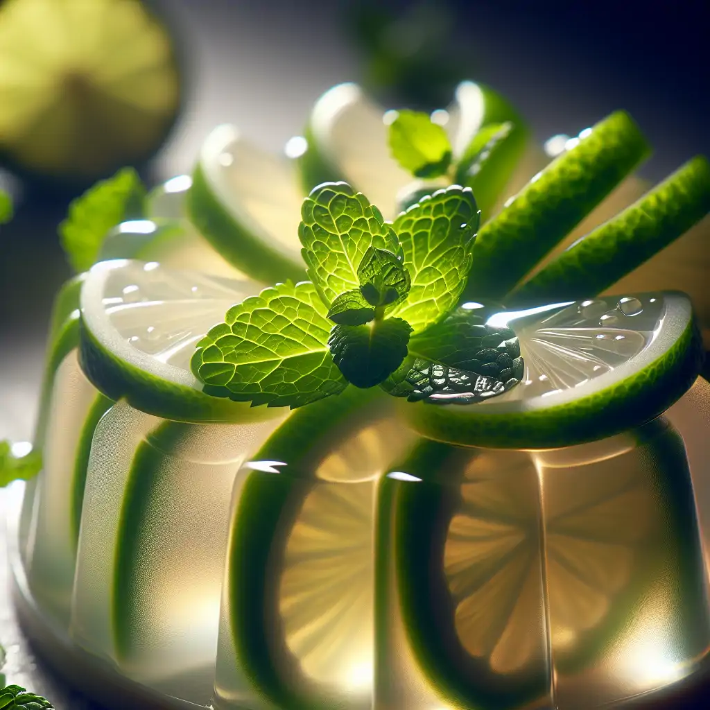 A close-up of the jelly salad, with slices of lime and a garnish of mint leaves, glistening under soft lighting.