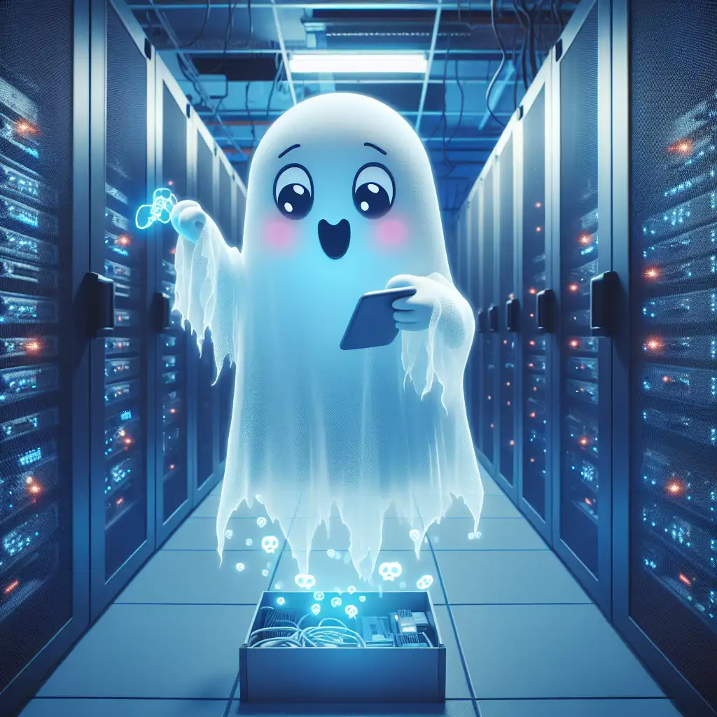 A spectral apparition seemingly interacting with electronic equipment inside a server hub.