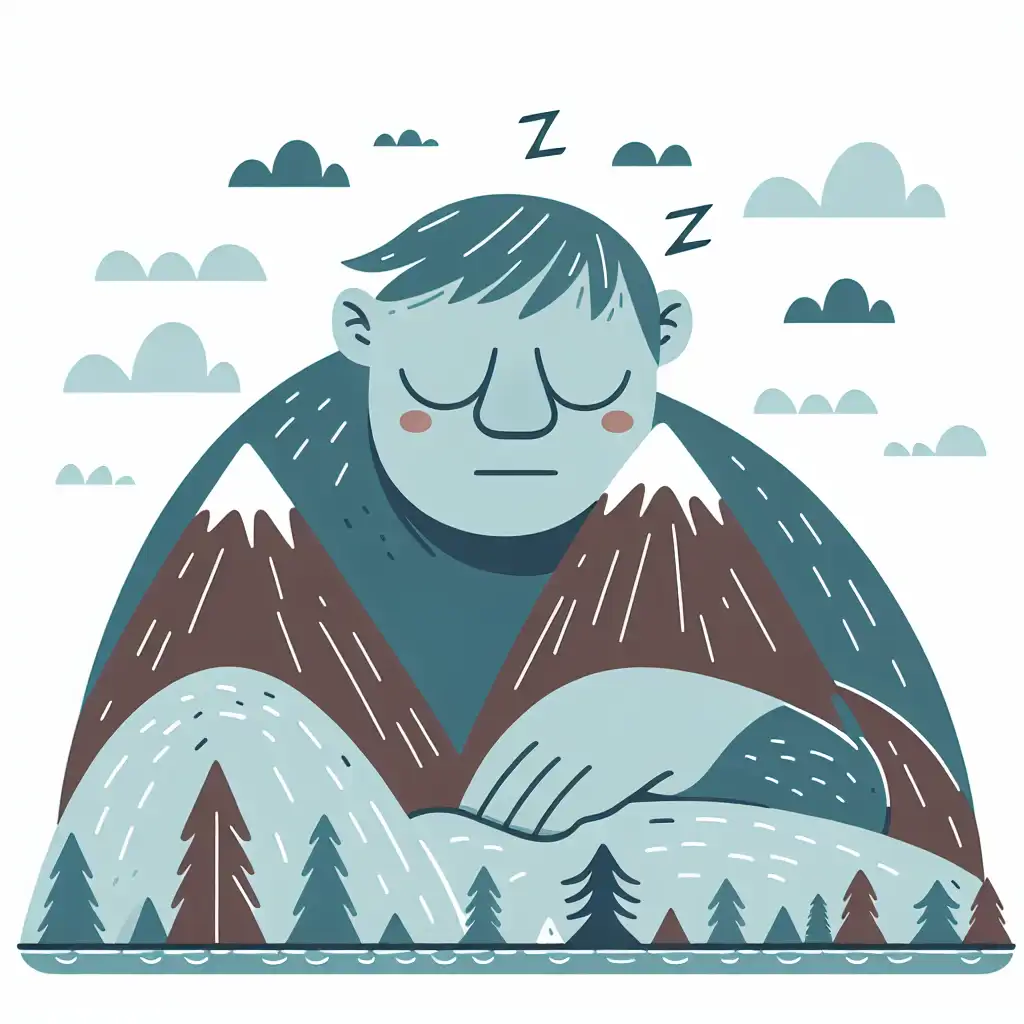 A giant peacefully napping in a mountainous Scandinavian landscape.