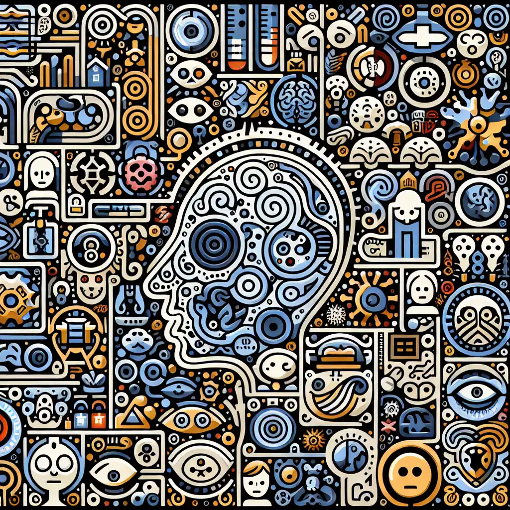 A collage of various symbols representing different rare psychological disorders, illustrating the complexity and diversity of these conditions.