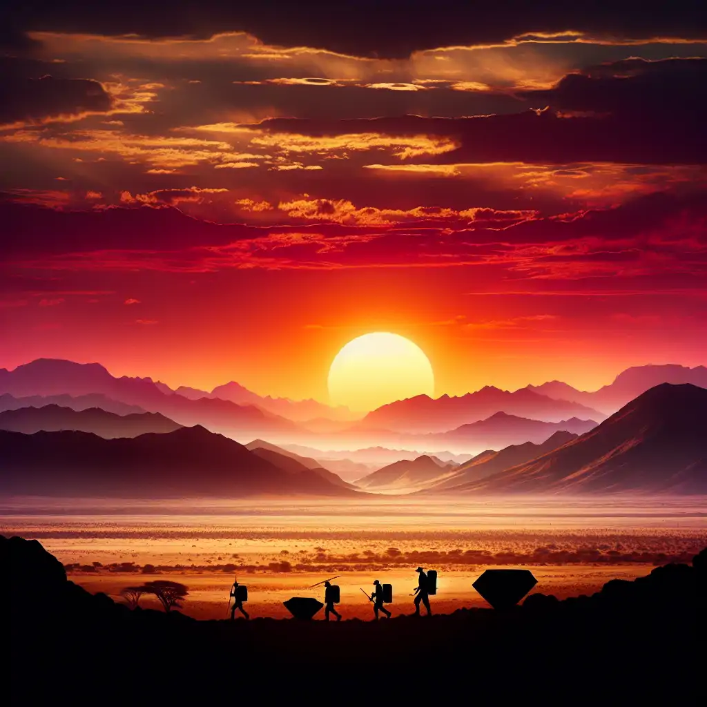 A sunset view of the Namibian desert with gem hunters silhouetted against the horizon, returning home.